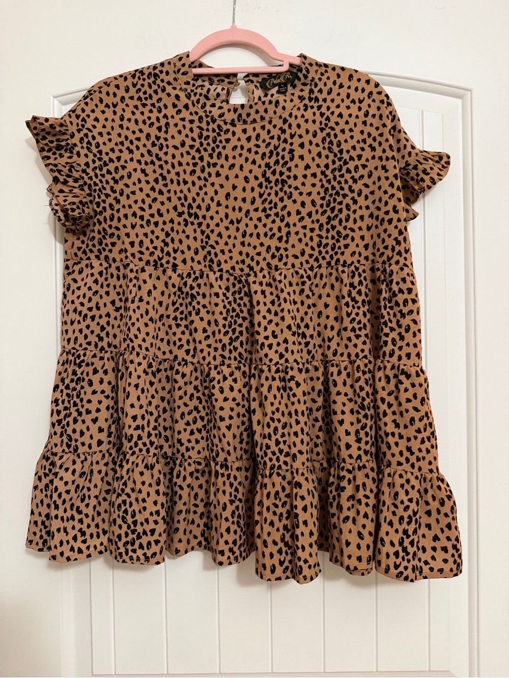 Petal Roz Leopard Print Ruffled Babydoll Blouse - Tan/Black Sz Large